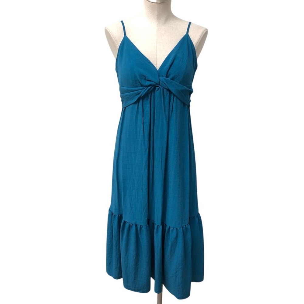 Banana Republic Midi Dress Womens 12 Teal Blue Twist Front V-Neck‎ Tiered Ruffle
